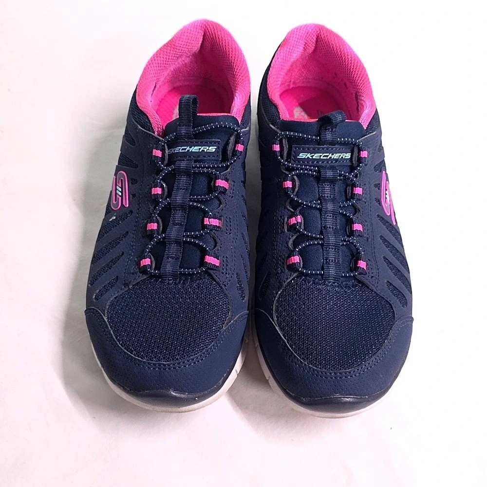 Skechers Sneaker Womens 7 Navy Pink Air-Cooled Memory Foam Bungee Lace Shoes